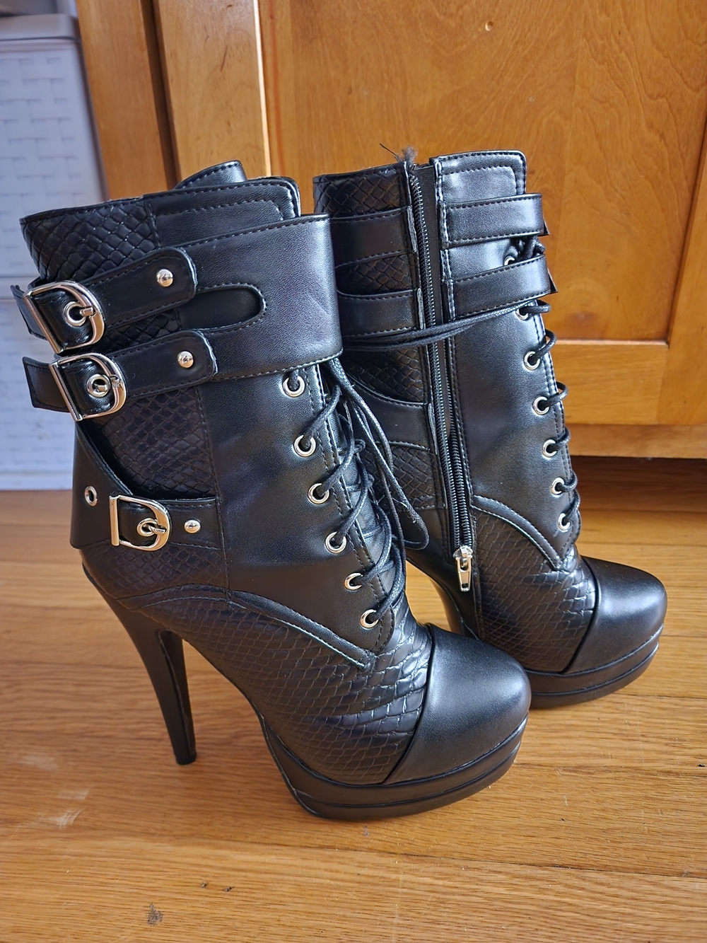 Women’s Black Lace-Up High Heel Ankle Boots with Buckle Detail